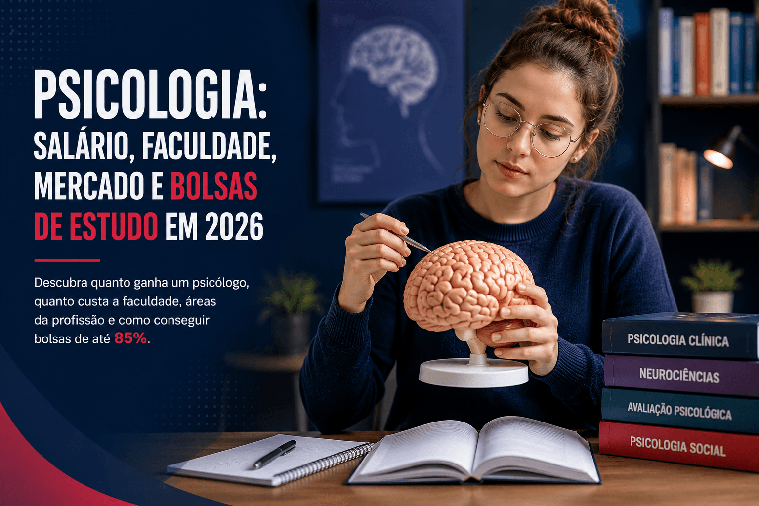 Estudante de Psicologia analisando cérebro humano em ambiente universitário moderno enquanto aprende sobre saúde mental, carreira e faculdade de Psicologia